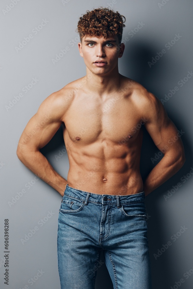 Fototapeta premium man adult lifestyle muscle beauty health naked strong chest shirtless curly fashion