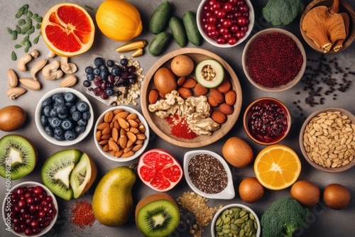a colorful and healthful array of immunity-boosting foods  including fruits  vegetables  nuts   seeds  created with generative ai