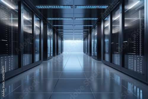 data center in futuristic, high-tech setting with glass walls and sleek metal accents, created with generative ai