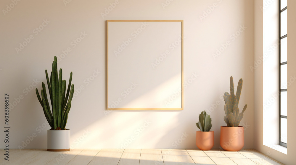Modern Interior Design with Blank Mockup Frame Poster, 3D Render, 3D Illustration Modern Interior Design with Blank Mockup Frame Poster, 3D Render, 3D Illustration