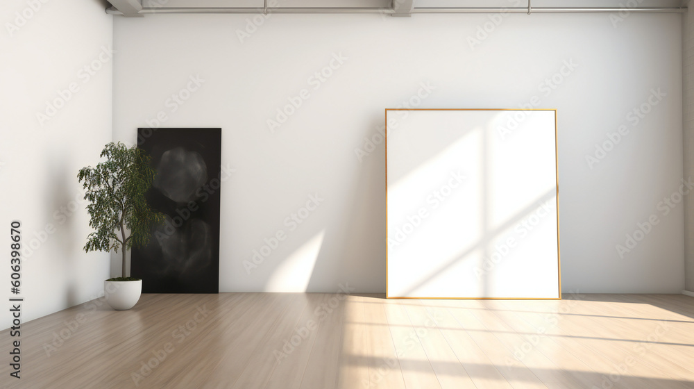 Obraz premium Modern Interior Design with Blank Mockup Frame Poster, 3D Render, 3D Illustration