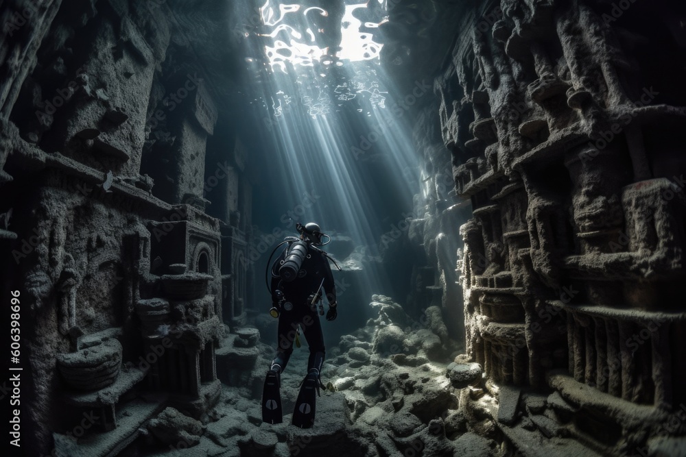 diver exploring intricate maze of caves, with schools of fish swimming in the background, created with generative ai