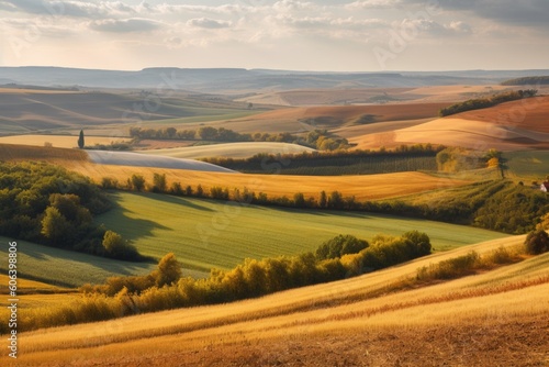 a view of the countryside, with rolling hills and golden fields, created with generative ai