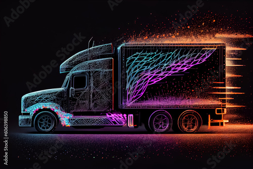 illustration of freight truck in neon color on black background. AI