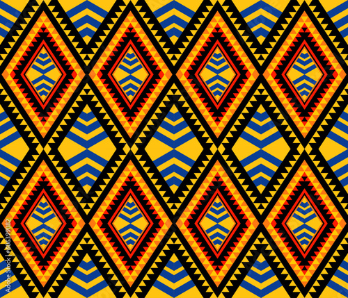 Emblem ethnic folk geometric seamless pattern in yellow and blue vector illustration design for fabric, mat, carpet, scarf, wrapping paper, tile and more
