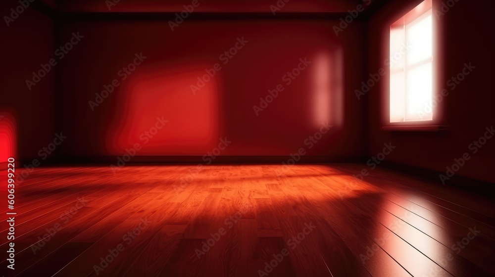 A shadow from a window in an empty room with red walls. Design and interior of the room. Generative AI A shadow from a window in an empty room with red walls. Design and interior of the room. Generative AI