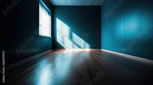 A shadow from a window in an empty room with blue walls. Design and interior of the room. Generative AI