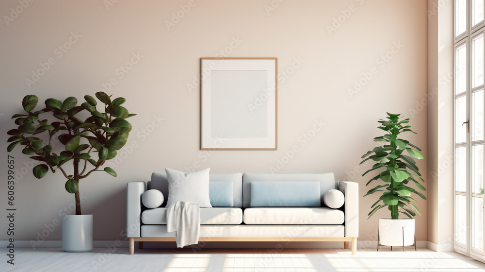 Obraz premium Modern Interior Design with Blank Mockup Frame Poster, 3D Render, 3D Illustration
