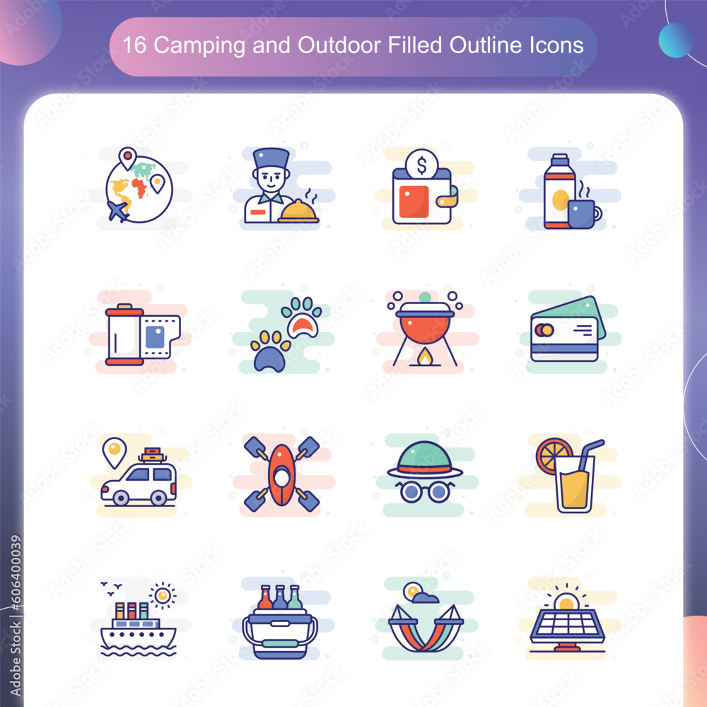 Obraz premium Camping Outdoor Vector Filled Outline icon Set 04