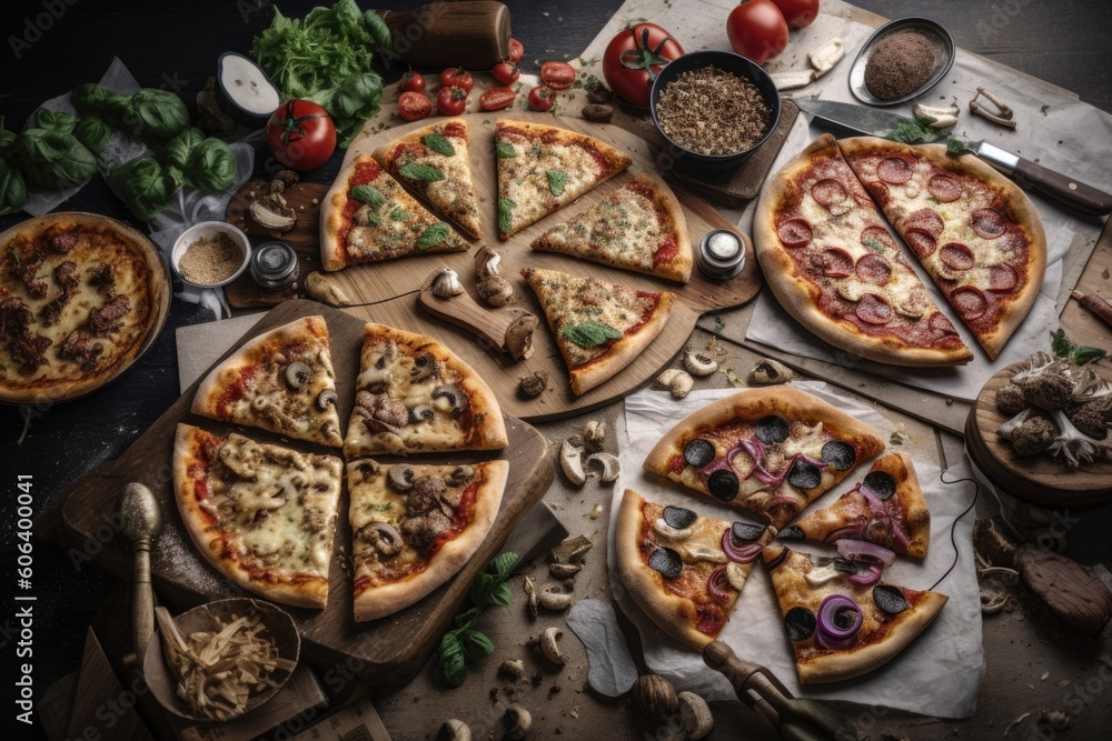 pizza party with a variety of pizzas, each topped different ingredients, created with generative ai pizza party with a variety of pizzas, each topped different ingredients, created with generative ai