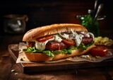 chorizo sandwich with lettuce, tomato, and aioli sauce on a rustic table