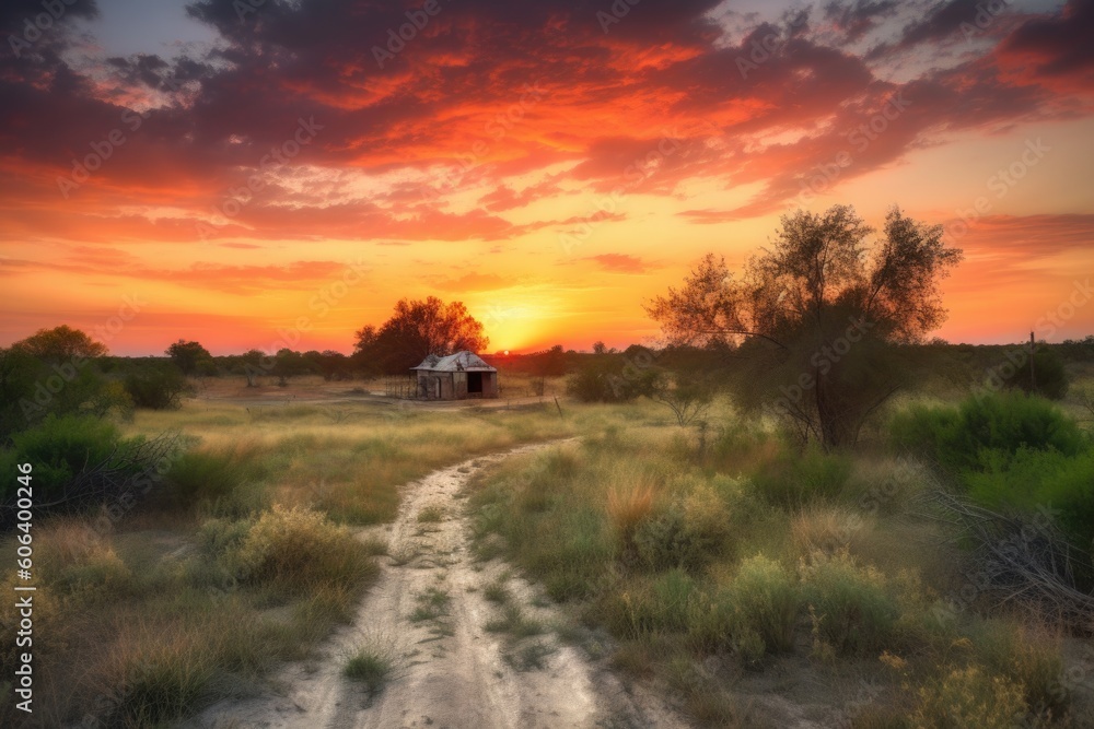 rural landscape with sunset, featuring dramatic skies and colorful clouds, created with generative ai
