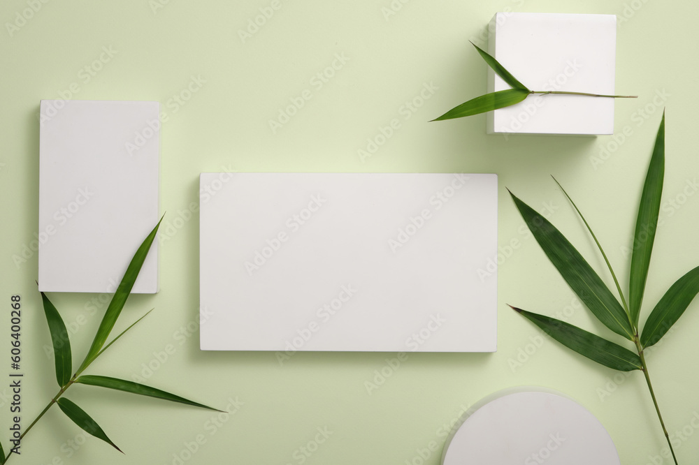 Abstract background for branding and minimal presentation with bamboo leaves. White geometric podiums decorated on light green background. Space for design. Top view Abstract background for branding and minimal presentation with bamboo leaves. White geometric podiums decorated on light green background. Space for design. Top view