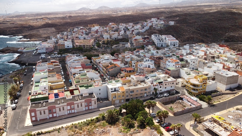 Drone cityscape view of La Jaca town near the sea in Tenerife, Canary Islands, Spain