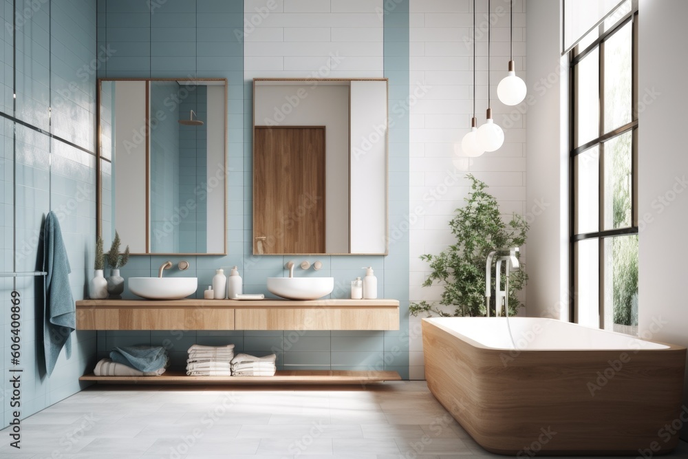 a minimalist and tranquil bathroom, with white tiles, blue accents, and natural light, created with generative ai