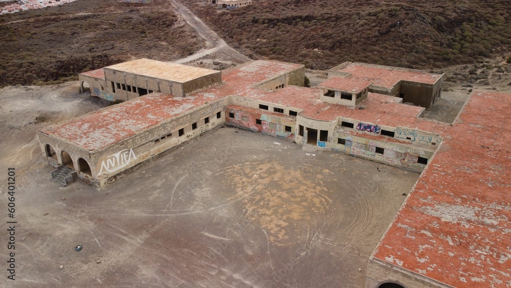 Aerial view of abandoned leper sanitorium and army base in Abades, Tenerife, Canary Islands - obrazy, fototapety, plakaty 