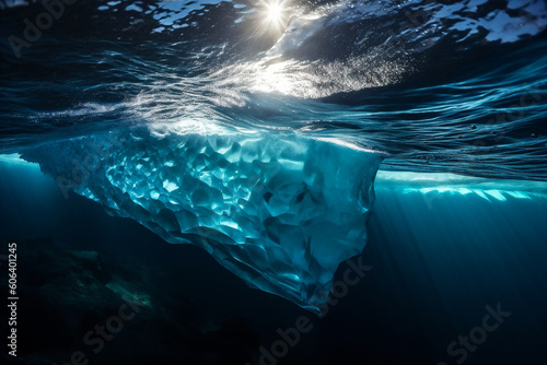Majestic Underwater World: Submerged View of an Iceberg in Crystal-clear Waters. AI generated