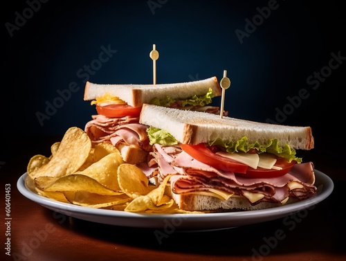 ham and cheese sandwich with lettuce, tomatoes, and a side of potato chips