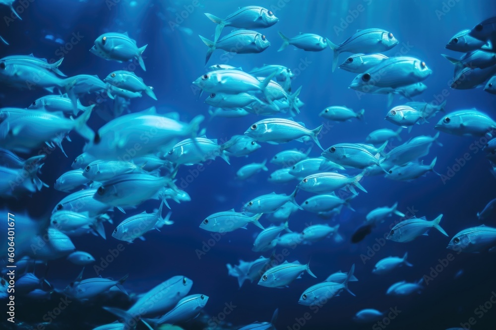 school of fish swimming in a neon blue underwater world, created with generative ai school of fish swimming in a neon blue underwater world, created with generative ai