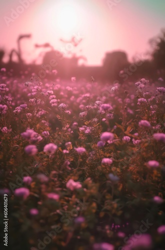 Field of flowers in the light of sunset. Generative AI.