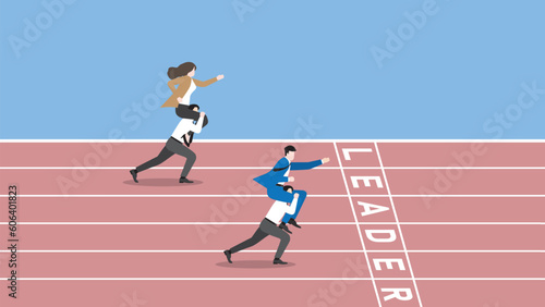 Business competition concept. Boss rides piggyback on employee team staff and runs on a race track to win at the LEADER finish line. Teamwork, work hard, target, contest, and performance concept.