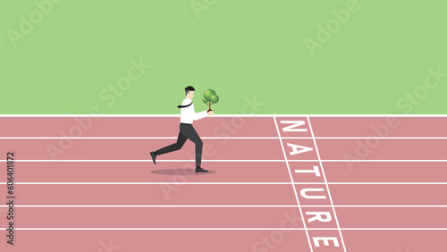 A business people as employee run on a race track with a tree to the NATURE finish line. ESG and green business policy of environmental concern, eco-friendly sustainability, save a planet concept.