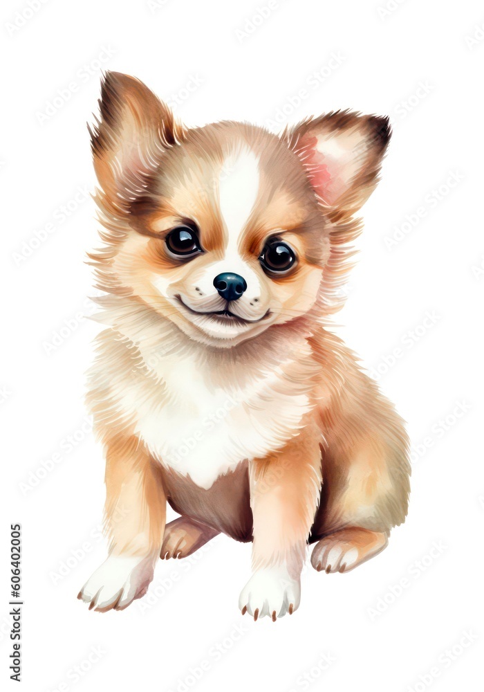 Cute puppy on white background, cartoon watercolor illustration. Generative AI.