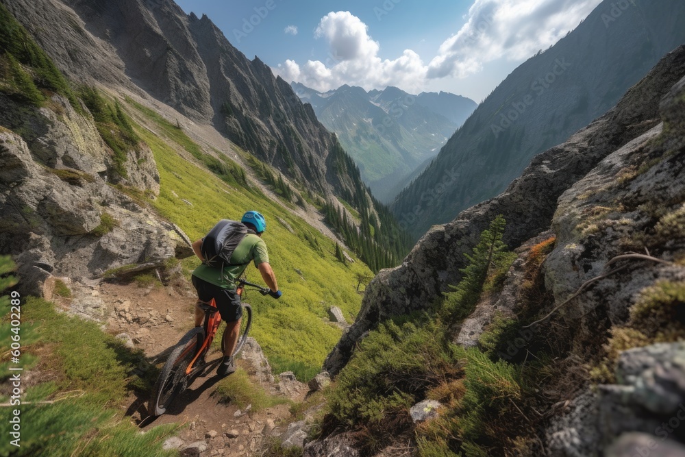 mountain biker ascending steep and rocky trail, with view of the valley below, created with generative ai