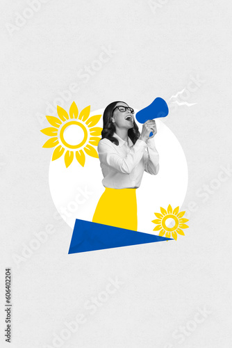 Volunteer template collage of lady on demonstration shout bullhorn close sky above ukraine air raid siren message missile attack from russia photo