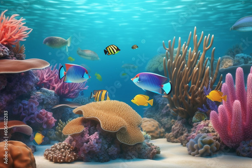 Underwater Scene With Coral Reef And Exotic Fishes