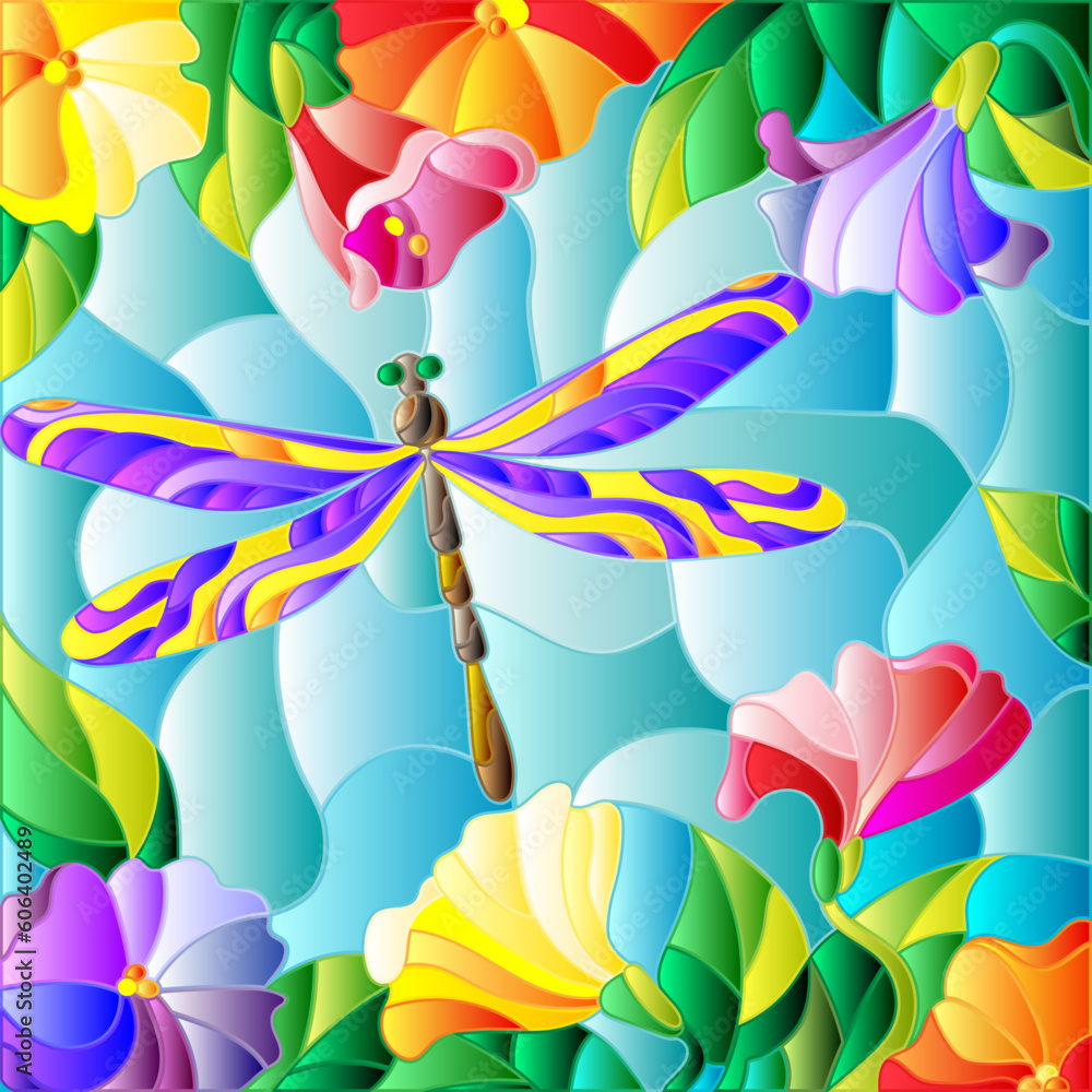 An illustration in the style of a stained glass window with a bright dragonfly and flowers on a blue sky background An illustration in the style of a stained glass window with a bright dragonfly and flowers on a blue sky background