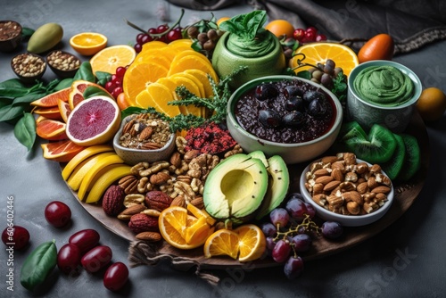 platter of colorful and fresh fruits, veggies, and nuts for a plant-based vegan meal, created with generative ai