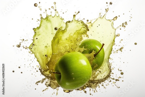 ripe green apple on juice splash background - Ai