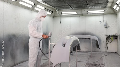 Car painter with mask using spray gun painting car spare parts in painting room, Caucasian worker in protective uniform working in automobile car repair shop, occupations with Chronic pneumonitis risk photo