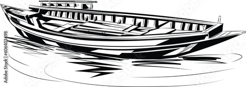 Panoramic vector illustration of a fishing boat looking like a drawing on a white background