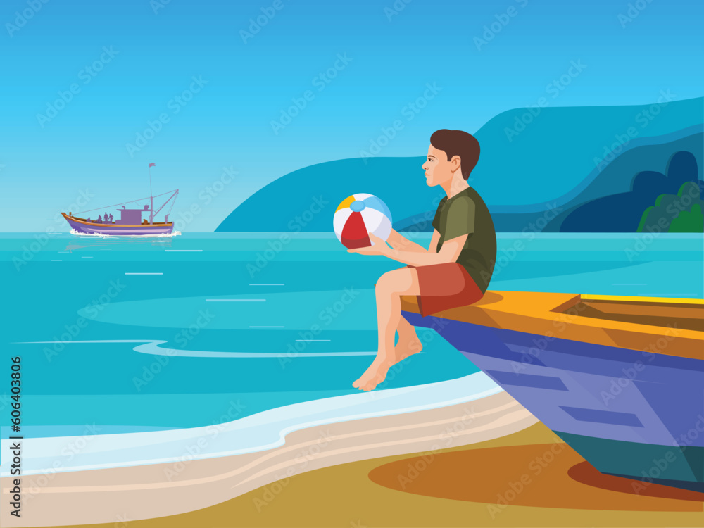 Boy with a beach ball sitting on the edge of a boat on the coast