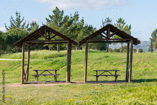 Scenic view of two wooden gazebos in the green field on the background of a forest © João Macedo/Wirestock Creators