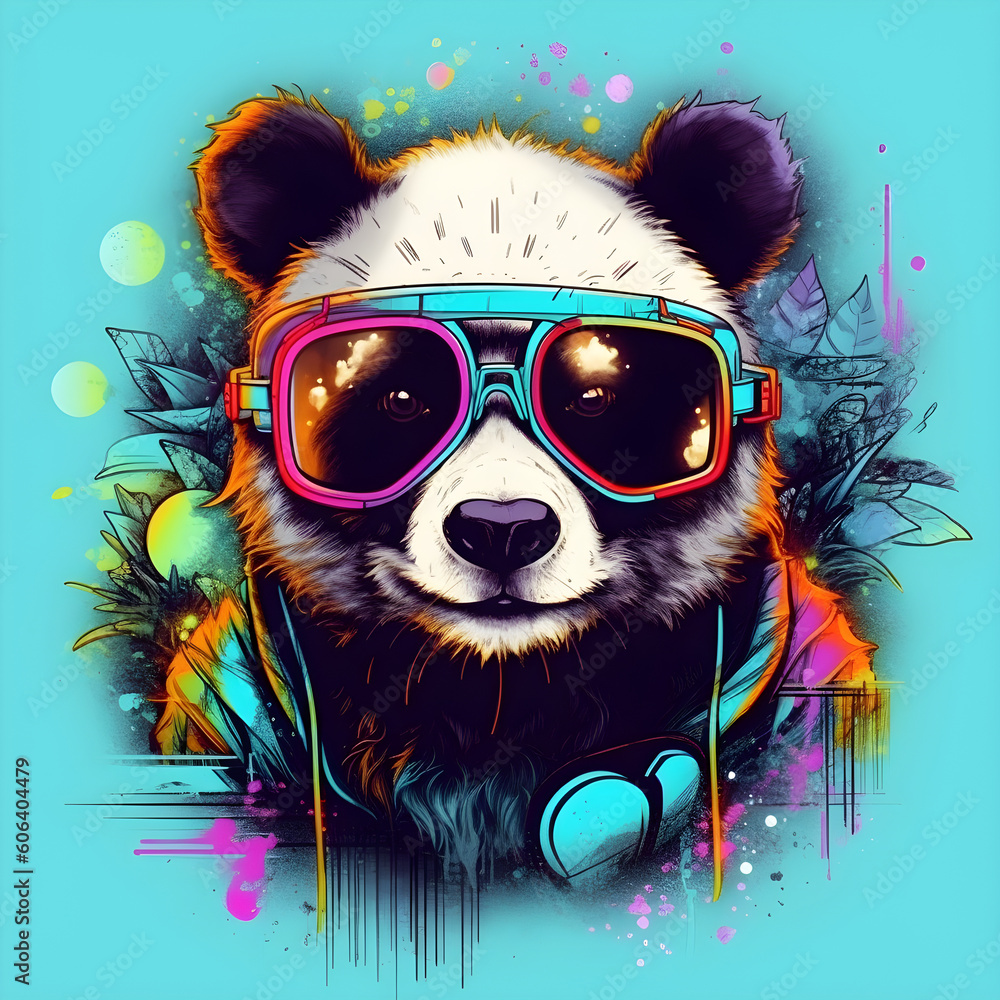illustration of panda with glasses in neon colors, t-shirt print, generative AI