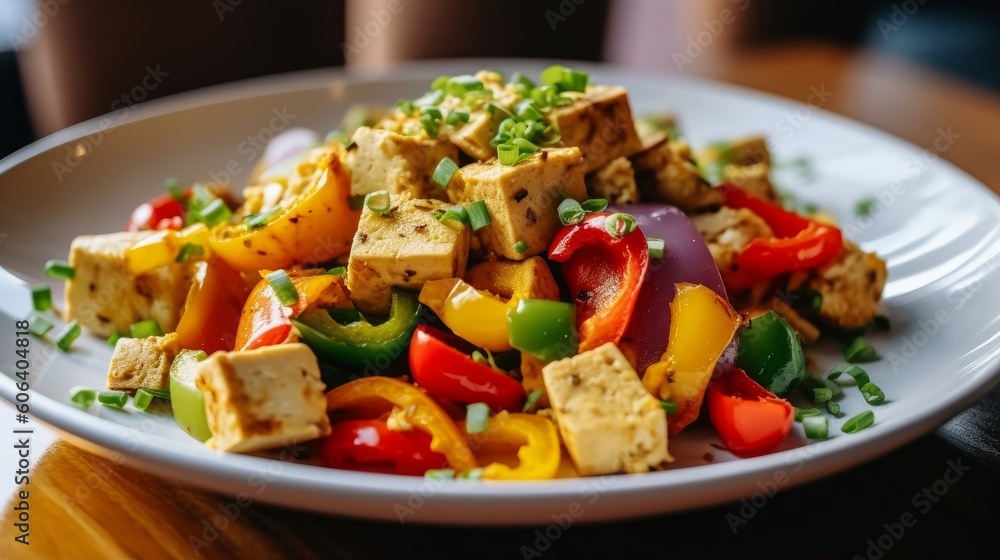 tofu scramble with colorful bell peppers and onions on a white plate
