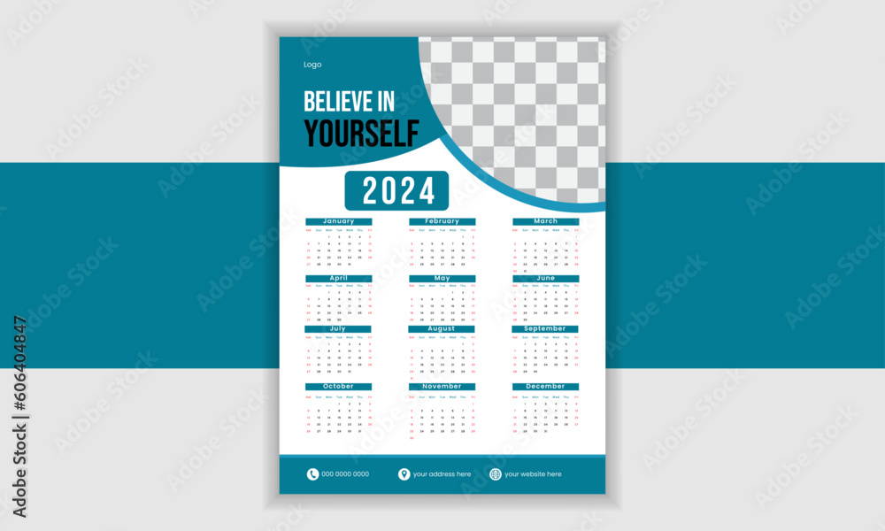 Wall Calendar Design for 2024 - Single Page Calendar - 12 Months Calendar Template