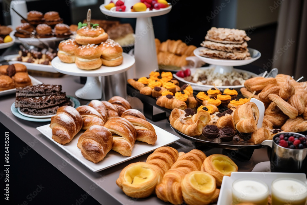 Set of coffee break in the hotel during conference meeting with tea and coffee catering decorated banquet table with variety of different desserts pastry and bakery with croissants and cookies