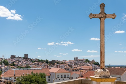 Landscape and big cross over the historic area of the city of Portalegre, Portugal