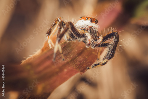 Close up a Jumping spider on green leaf, Selective focus, Macro photos.