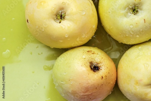Fotografija Top view of green apples of pero bravo esmolfe species washed with fresh water o