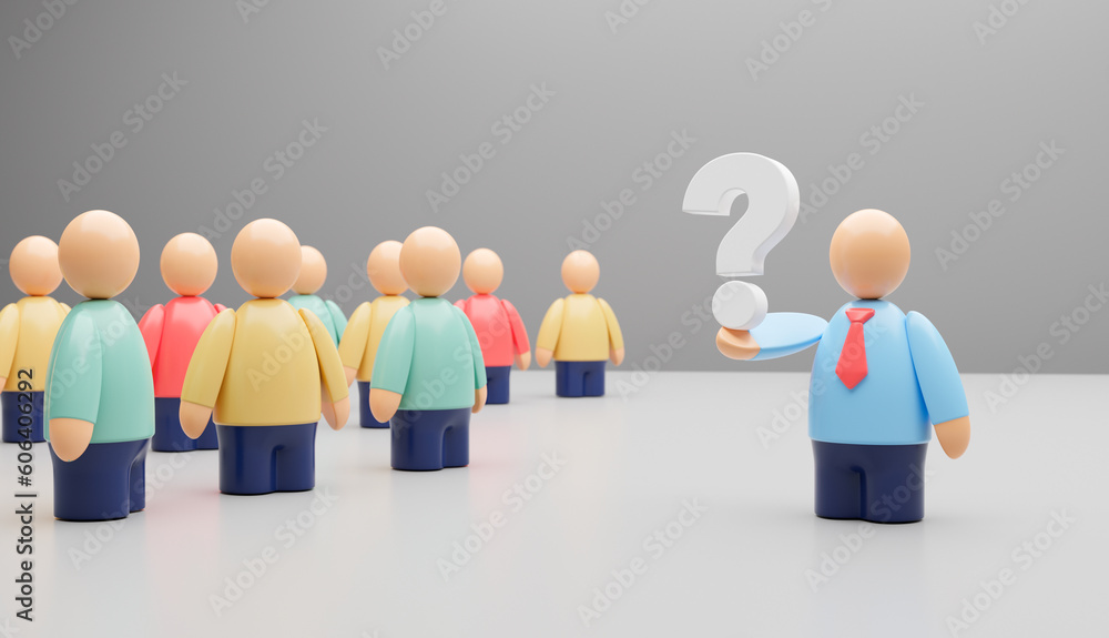 Businessman with a question mark in his hands. Request for help. 3d render Businessman with a question mark in his hands. Request for help. 3d render