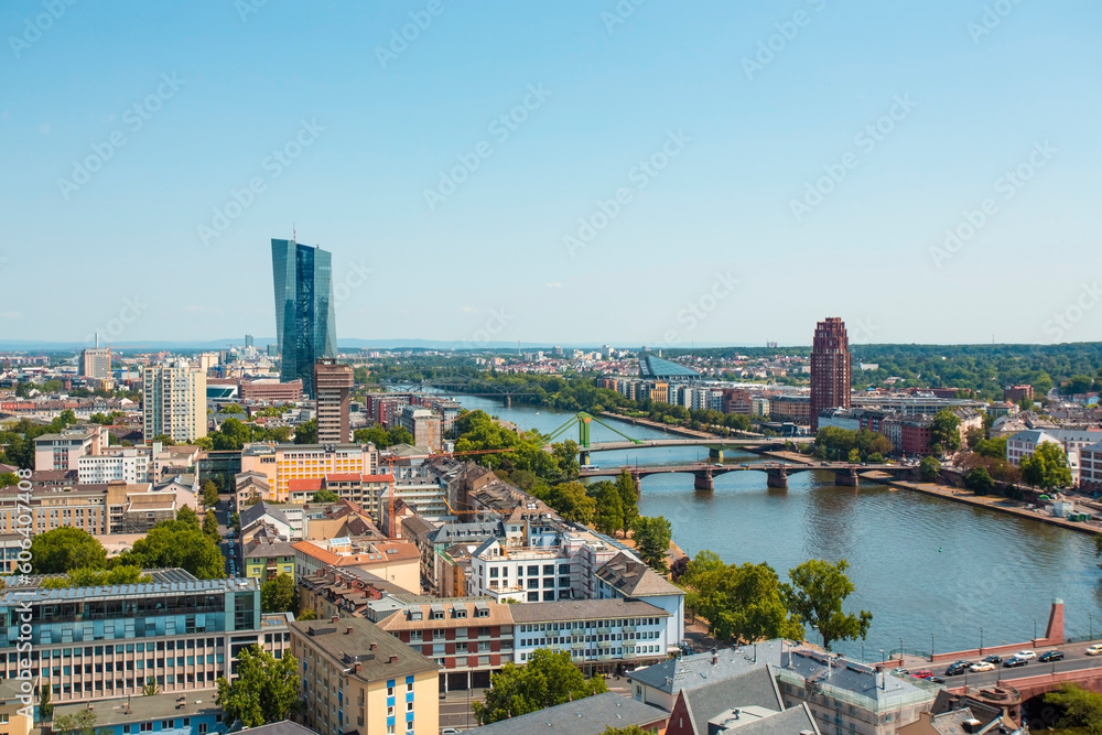 Rhine river with the European central bank EZB building in the background, Frankfurt, Germany