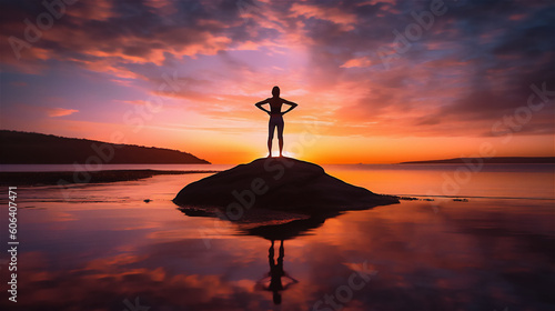YOGA POSE AT SUNSET: A woman gracefully holding a yoga pose, silhouetted against the radiant sea during a sunset. Perched atop a cliff, the scene conveys a sense of balance. Created using AI.