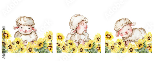 Watercolor hand drawn cute white fluffy sheep sitting in the sunflowers. Illustration of farm baby animal . Perfect for wedding invitation, greetings card, poster, fabric pattern.