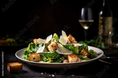 Caesar salad featuring Romaine lettuce  croutons  and grated cheese  artistically plated on a white dish