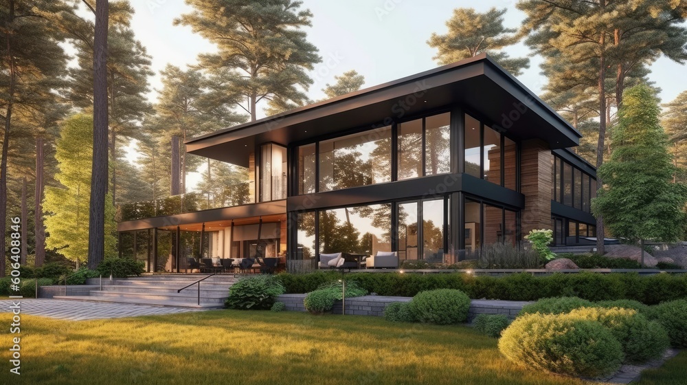 A beautiful modern house with large floor - to - ceiling windows, surrounded by manicured gardens and tall trees. generative ai